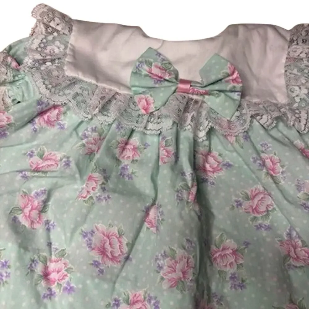 VTG Bryan & Co. Baby Girls Dress Size 0-3 Months Pastel Green Pink Floral Lace T